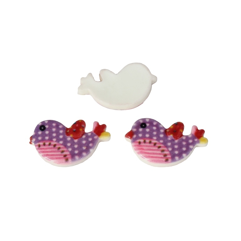 PLASTIC BEADS - RESIN WITH STAMP - FOR GLUING - BIRD 01 - 25x15x4mm WHITE WITH PURPLE AND PINK - PACKAGE 50pcs.