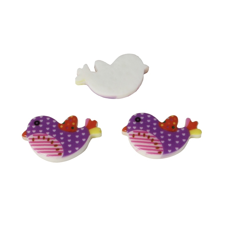 PLASTIC BEADS - RESIN WITH STAMP - FOR GLUING - BIRD 01 - 25x15x4mm WHITE WITH PURPLE (DARK) AND PINK - PACKAGE 50pcs.