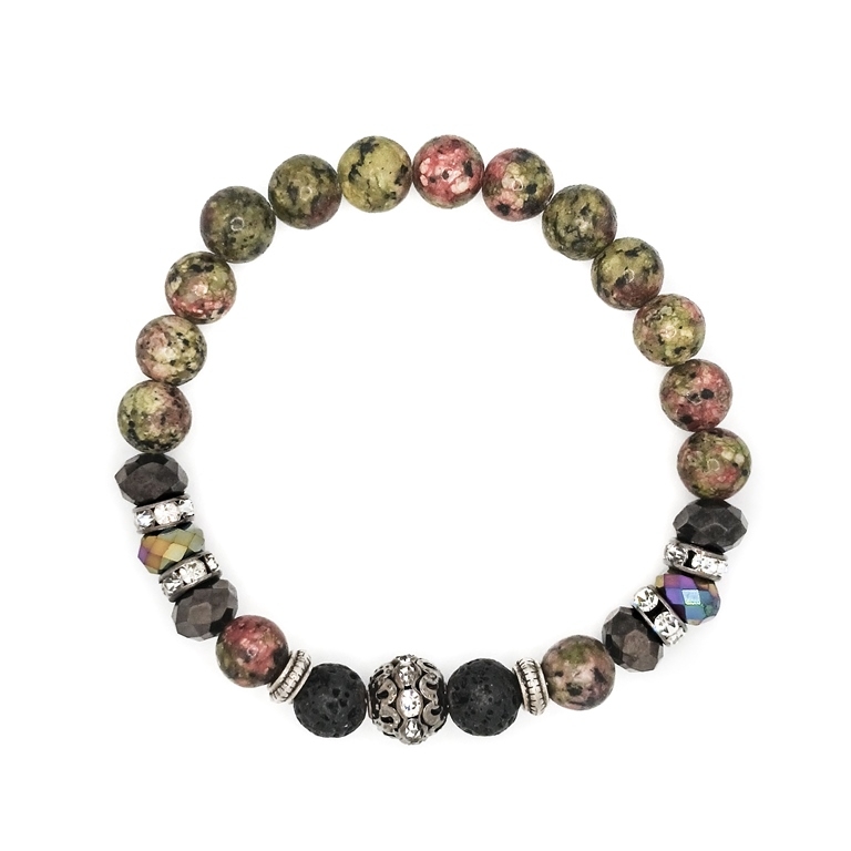 JEWELRY - ELASTIC BRACELET - NATURAL STONE - BALL 8mm - UNAKITE - CRYSTALS - VOLCANIC STONE - 1pc.