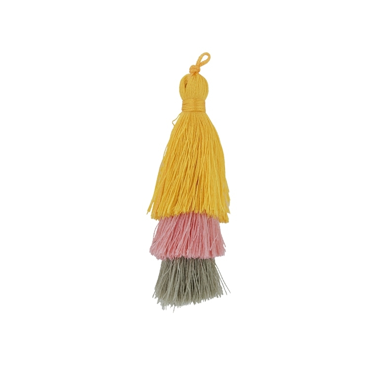 TEXTILE BEADS - TASSEL POLYESTER - THREE-LAYER - 7cm YELLOW (DARK)-CORAL-GREEN MILITARY (LIGHT) 103 - PACKAGE 20pcs.