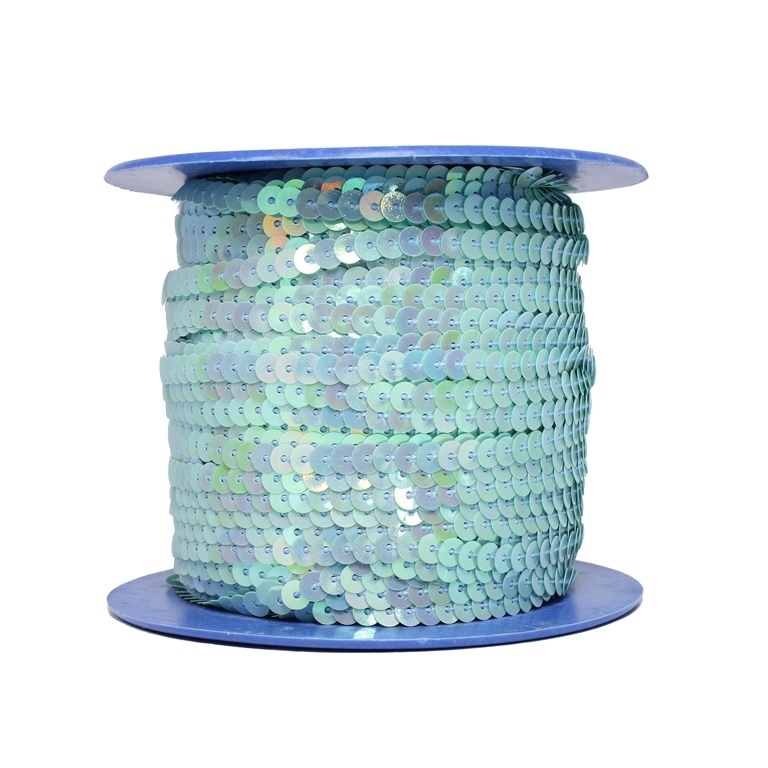 SEQUIN RIBBON WITH THREAD - MODEL 01 FLAT - SOLID АВ - CIRCLE 5mm - BLUE (LIGHT) 16 - ROLL 80yards(73m)