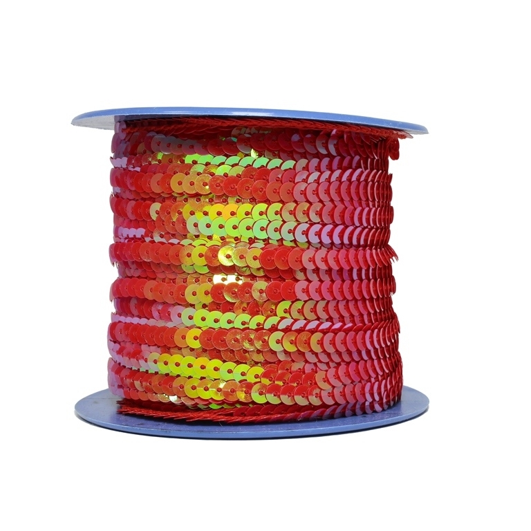 SEQUIN RIBBON WITH THREAD - MODEL 01 FLAT - SOLID АВ - CIRCLE 5mm - RED 21 - ROLL 80yards(73m)