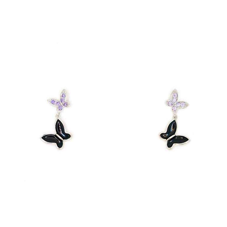 JEWELRY - EARRINGS - SCREW - ZIRCON - BUTTERFLIES Е300 - 1.2x2.4cm NICKEL WITH BLACK AND PURPLE - 1 pair