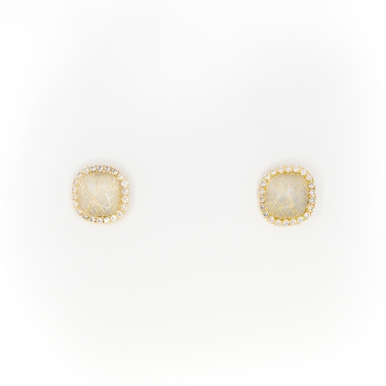 JEWELRY - EARRINGS - SCREW - ZIRCON AND CAT'S EYE - Е312 - 1.4x1.4cm GOLD AND WHITE - PACKAGE 6 pairs