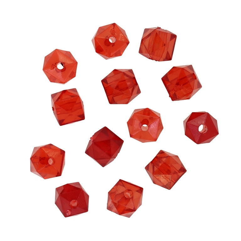 TRANSPARENT PLASTIC BEADS - CUBE FACETED - 9x10mm RED V12 - 50g Hole-1.8mm (90pcs.)