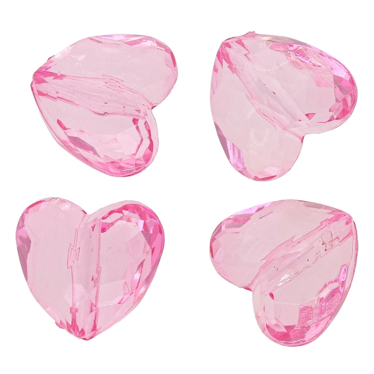 TRANSPARENT PLASTIC BEADS - HEART 06 FACETED - 17x18.5x11mm PINK V04 - PACKAGE 500g Hole-2.5mm (270pcs.)