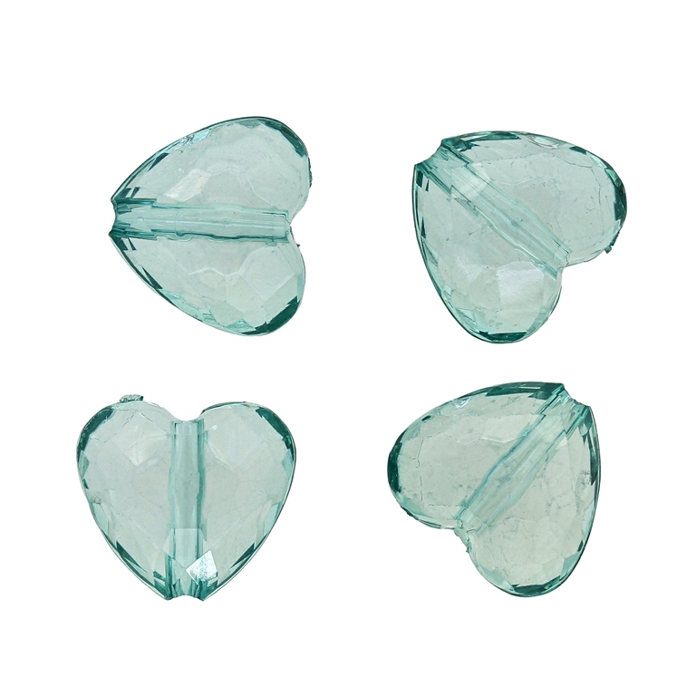 TRANSPARENT PLASTIC BEADS - HEART 07 FACETED - 18x19.5x10mm TURQUOISE GREEN (LIGHT) - 50g Hole-2.8mm (24pcs.)