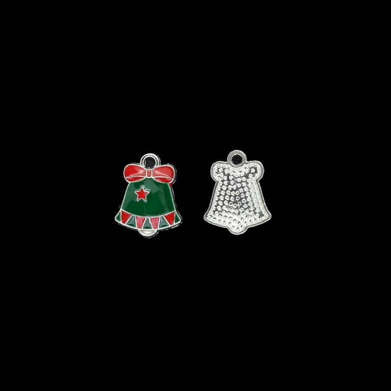 METAL BEADS WITH ENAMEL - PENDANT - CHRISTMAS BELL 02 - 13x17x2mm NICKEL AND GREEN (DARK)-RED - 5pcs. Hole-1.8mm