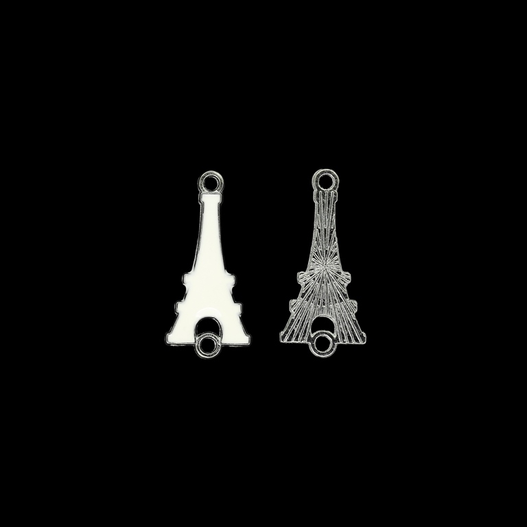 METAL BEADS WITH ENAMEL - CONNECTING ELEMENT WITH 2 RINGS - EIFFEL TOWER 01 - 12x27x1.5mm NICKEL AND ECRU - 5pcs. Hole-1.8mm