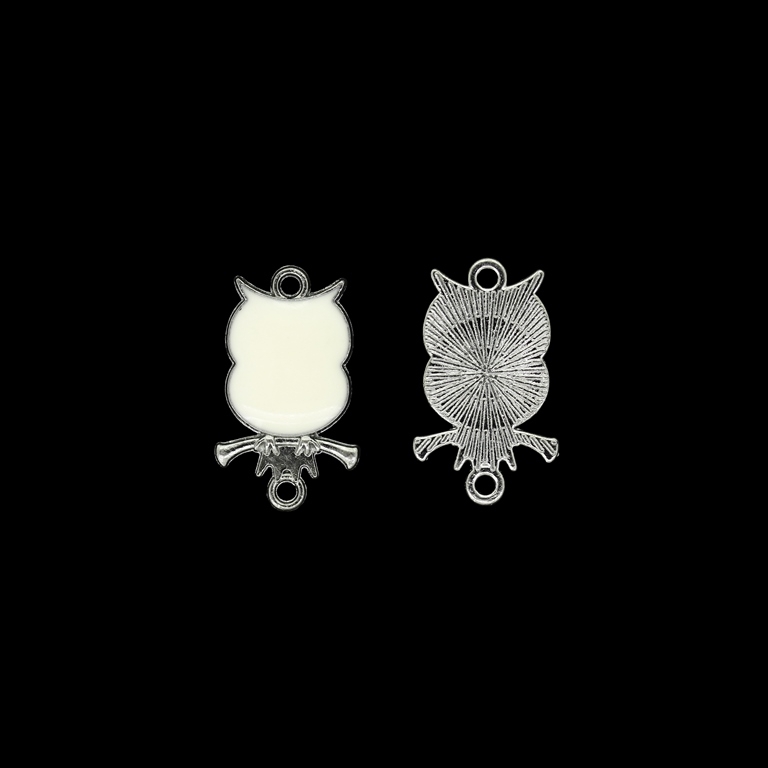 METAL BEADS WITH ENAMEL - CONNECTING ELEMENT WITH 2 RINGS - OWL 03 - 14x24x2.5mm NICKEL AND ECRU - PACKAGE 50pcs. Hole-1.8mm