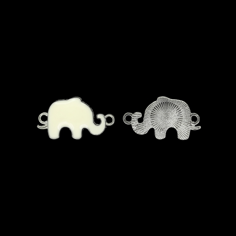 METAL BEADS WITH ENAMEL - CONNECTING ELEMENT WITH 2 RINGS - ELEPHANT 06 - 14x24x2.5mm NICKEL AND ECRU - 5pcs. Hole-1.8mm