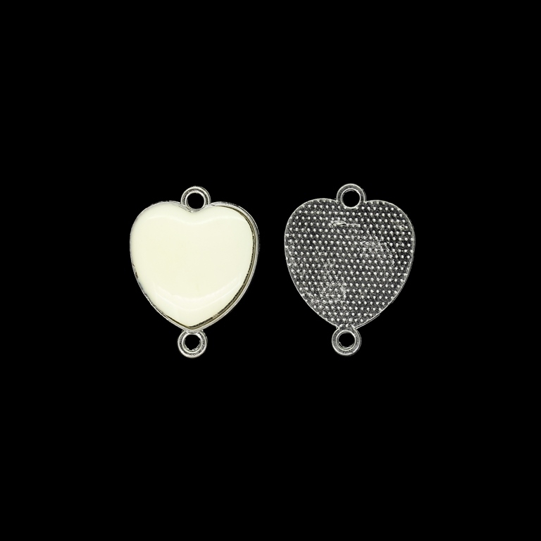 METAL BEADS WITH ENAMEL - CONNECTING ELEMENT WITH 2 RINGS - HEART 17 - 18x24x2.5mm NICKEL AND ECRU - PACKAGE 50pcs. Hole-1.8mm