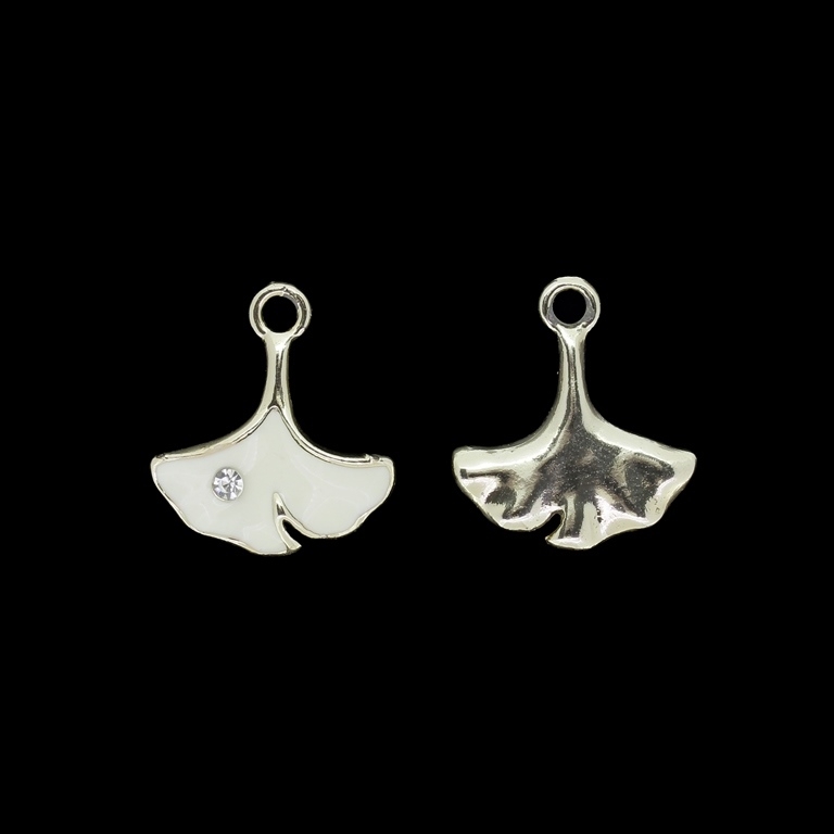 METAL BEADS WITH ENAMEL AND CRYSTALS - UV - PENDANT - GINKGO BILOBA LEAF - 17x19x3mm GOLD AND WHITE - 4pcs. Hole-2.3mm