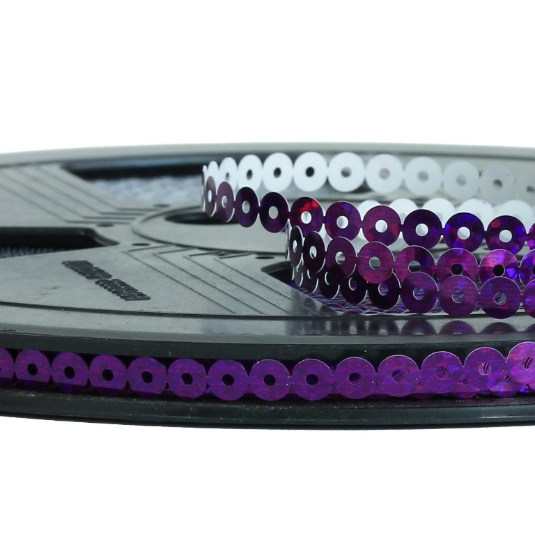 SEQUIN RIBBON - CIRCLE 01 FLAT - HOLOGRAPHIC - 5mm PURPLE 085 - ROLL 70meters Hole-1.0mm