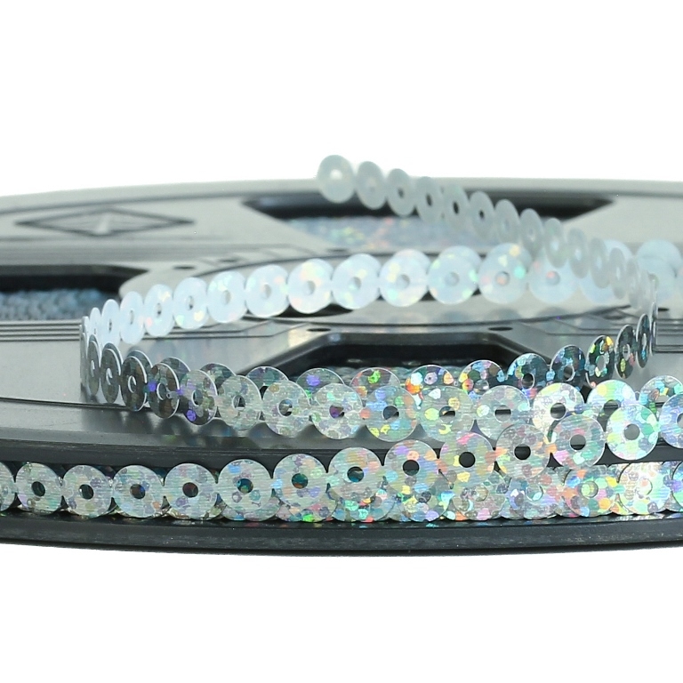 SEQUIN RIBBON - CIRCLE 01 FLAT - HOLOGRAPHIC - 5mm SILVER 068 - ROLL 70meters Hole-1.0mm