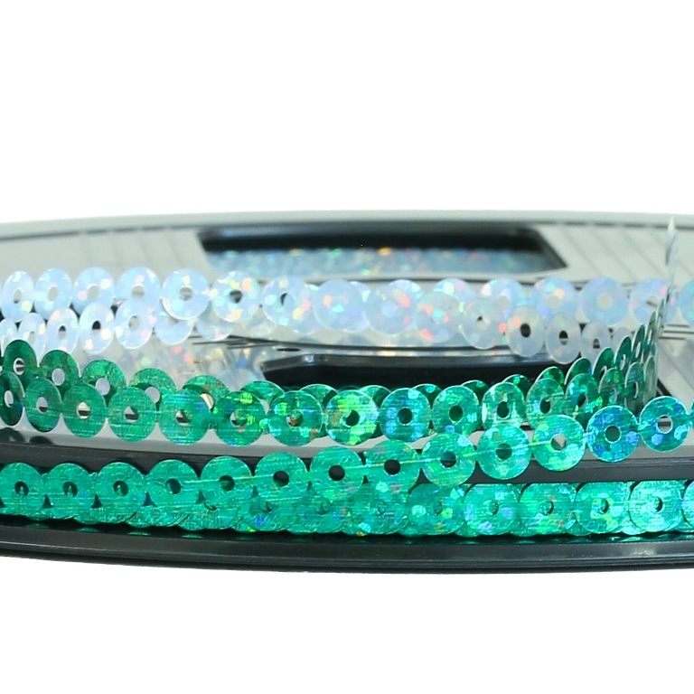 SEQUIN RIBBON - CIRCLE 01 FLAT - HOLOGRAPHIC - 5mm TURQUOISE GREEN (DARK) 093 - ROLL 70meters Hole-1.0mm