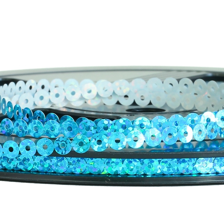 SEQUIN RIBBON - CIRCLE 01 FLAT - HOLOGRAPHIC - 5mm TURQUOISE BLUE 088 - ROLL 70meters Hole-1.0mm