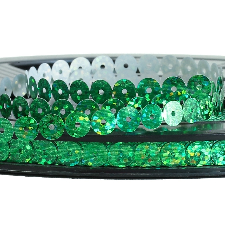 SEQUIN RIBBON - CIRCLE 01 FLAT - HOLOGRAPHIC - 7mm GREEN (DARK) 075 - ROLL 70meters Hole-1.0mm