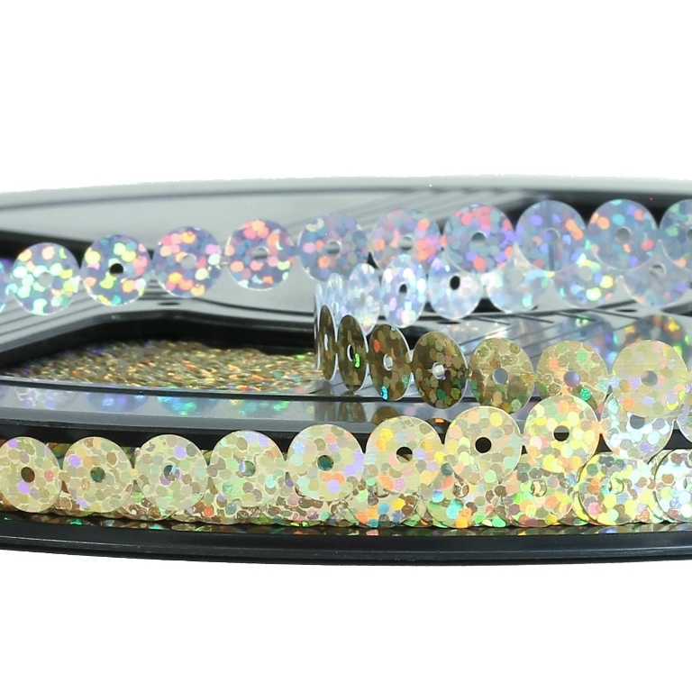 SEQUIN RIBBON - CIRCLE 01 FLAT - HOLOGRAPHIC - 7mm GOLD 069 - ROLL 70meters Hole-1.0mm