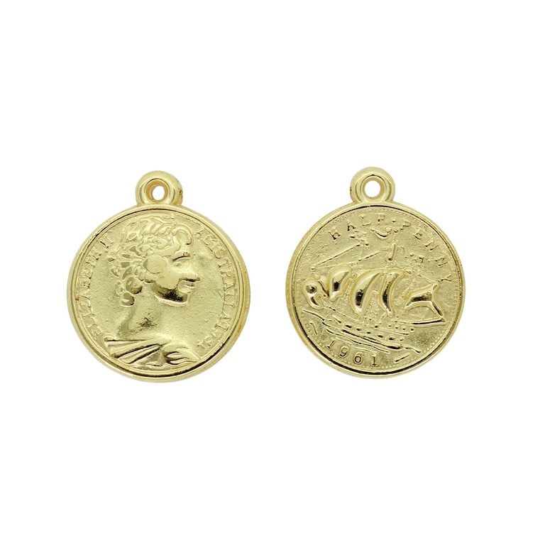 METAL PLATED PLASTIC / CCB BEADS - COIN WITH RING - MODEL 07 - 20mm - GOLD - 50g (66pcs.) Hole-2.0mm