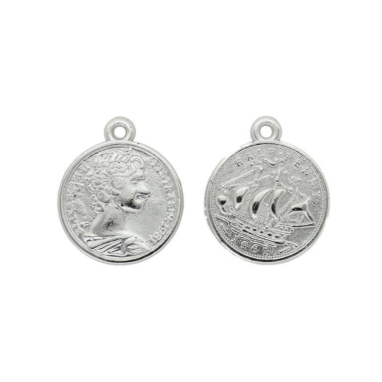 METAL PLATED PLASTIC / CCB BEADS - COIN WITH RING - MODEL 07 - 20mm - SILVER - 50g (685pcs.) Hole-2.0mm