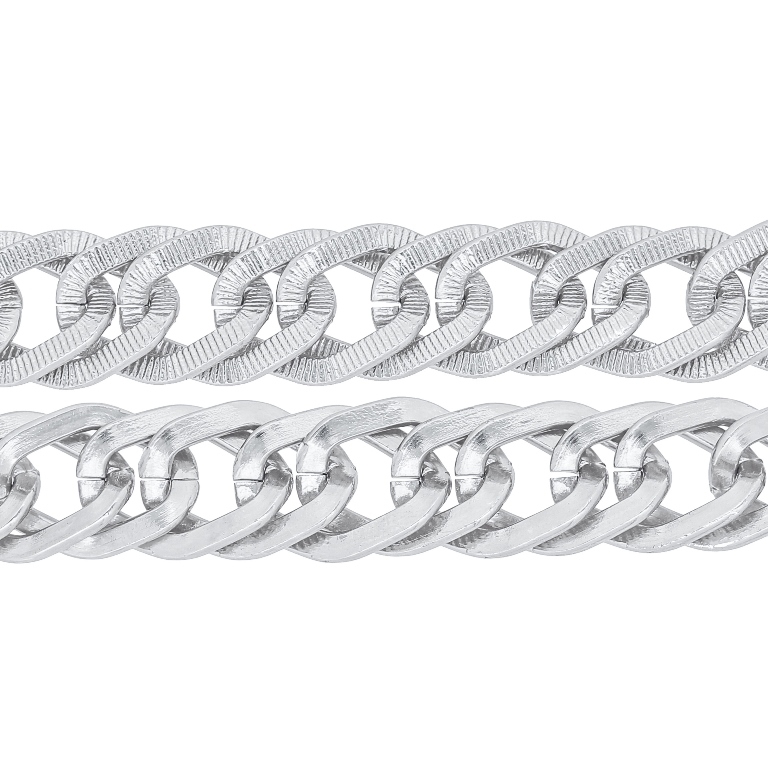 METAL CHAIN - ALUMINUM - DOUBLE LINK FLAT ONE SIDE STRIPED CURB - 2x11x15mm SILVER - 1meter