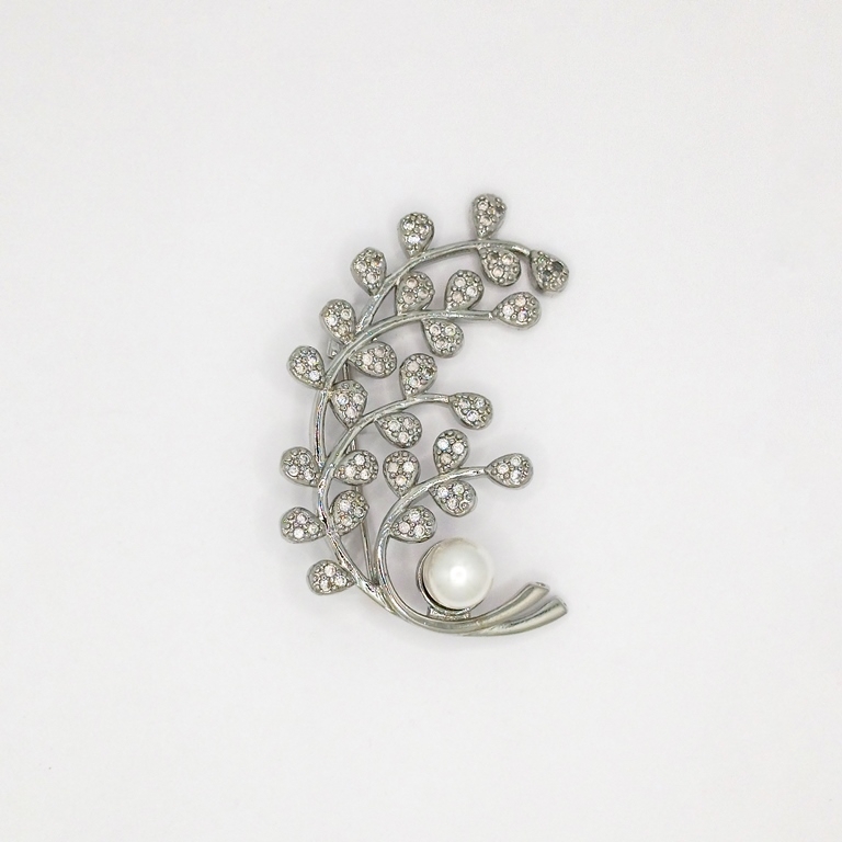 JEWELRY - BROOCH - ZIRCON - SPRIG В106 - 2.8x4.9cm NICKEL AND WHITE - 1pc.