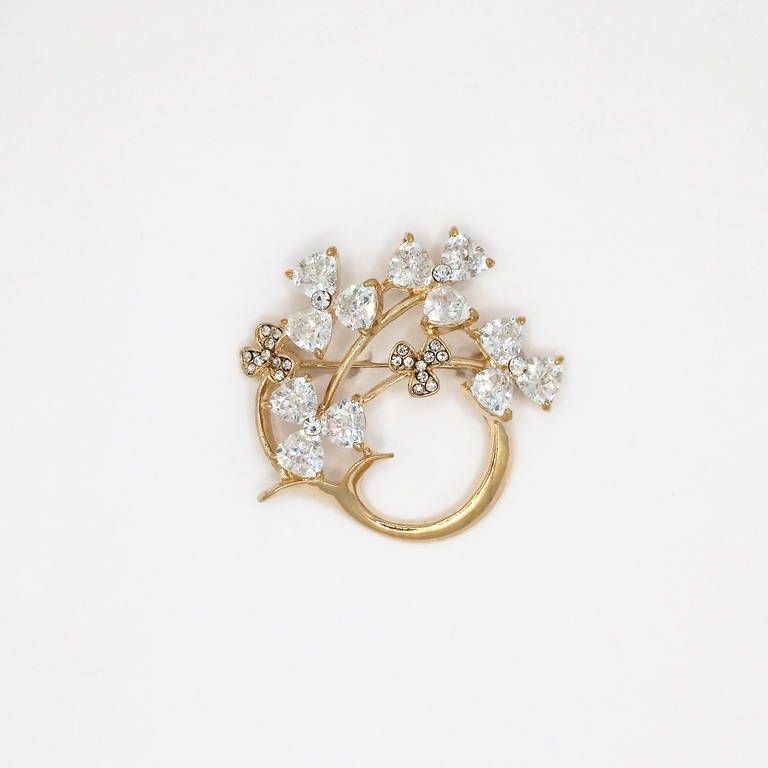 JEWELRY - BROOCH - ZIRCON - SPRIG В111 - 4.1x3.9cm GOLD AND WHITE - 1pc.