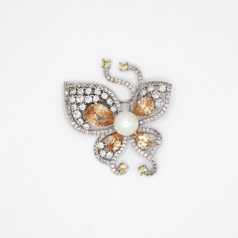 JEWELRY - BROOCH - ZIRCON - BUTTERFLY В117 - 4.2x4.8cm NICKEL WITH WHITE AND BROWN (LIGHT) - PACKAGE 2pcs.