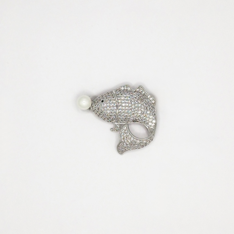 JEWELRY - BROOCH - ZIRCON - FISH В114 - 3.1x2.7cm NICKEL AND WHITE - PACKAGE 2pcs.