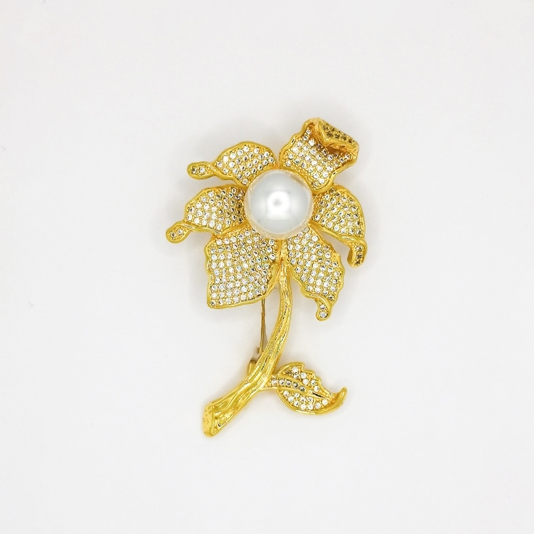 JEWELRY - BROOCH - ZIRCON - FLOWER В105 - 3.5x5.7cm GOLD AND WHITE - PACKAGE 2pcs.