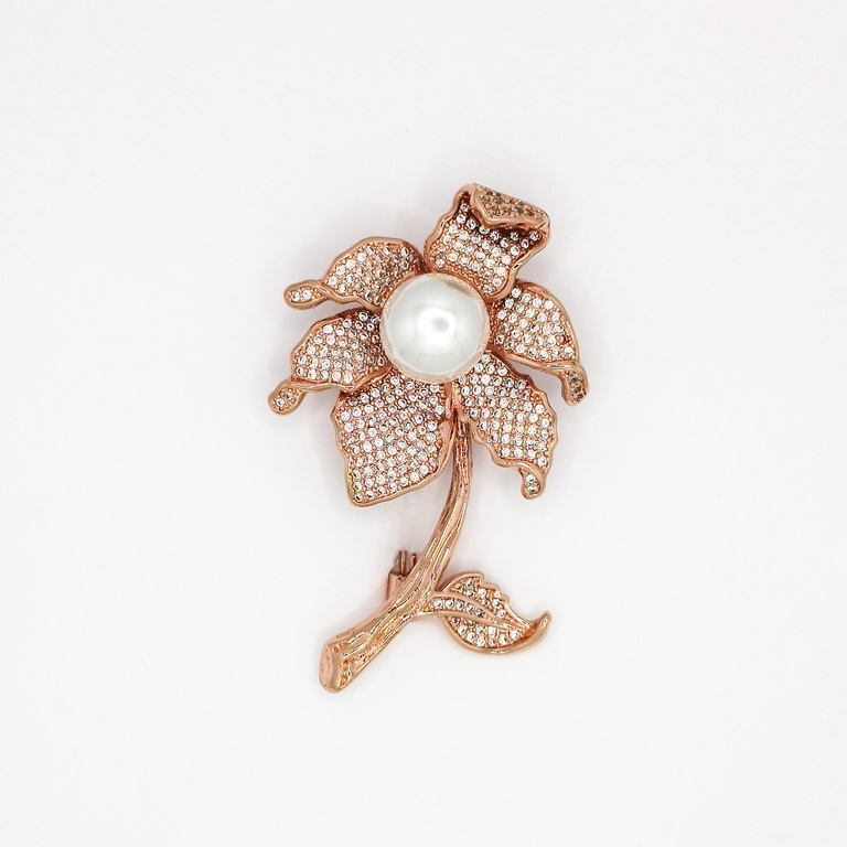 JEWELRY - BROOCH - ZIRCON - FLOWER В105 - 3.5x5.7cm GOLD PINK AND WHITE - 1pc.