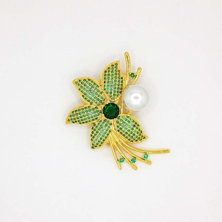 JEWELRY - BROOCH - ZIRCON - FLOWER В108 - 4.5x4.7cm GOLD AND GREEN - 1pc.