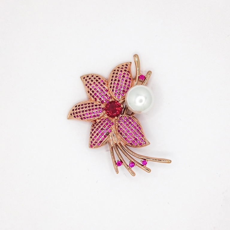 JEWELRY - BROOCH - ZIRCON - FLOWER В108 - 4.5x4.7cm GOLD PINK AND CYCLAMEN - 1pc.