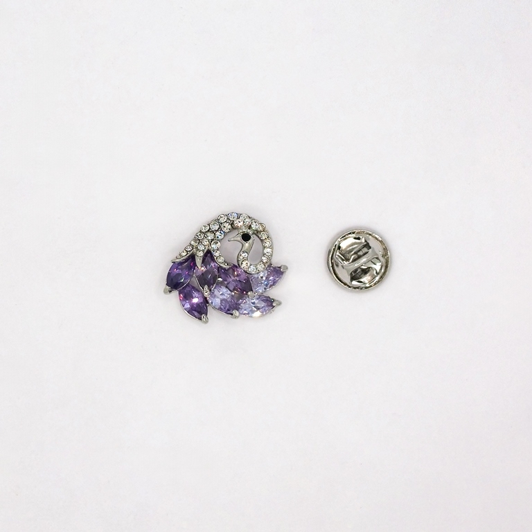 JEWELRY - BROOCH PIN - ZIRCON - PEACOCK В127 - 2.2x2.0cm NICKEL WITH PURPLE AND WHITE - PACKAGE 3pcs.