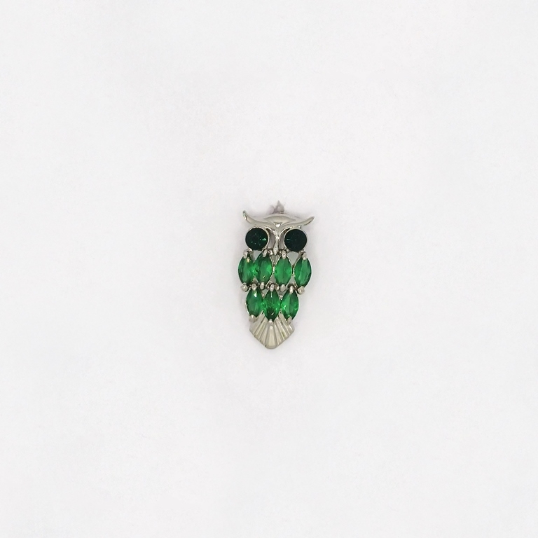 JEWELRY - BROOCH - ZIRCON - OWL В132 - 1.3x2.3cm NICKEL AND GREEN - 1pc.