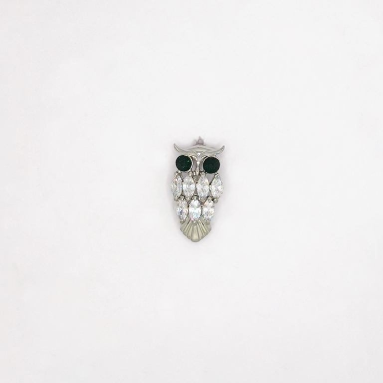 JEWELRY - BROOCH - ZIRCON - OWL В132 - 1.3x2.3cm NICKEL WITH WHITE AND GREEN - 1pc.