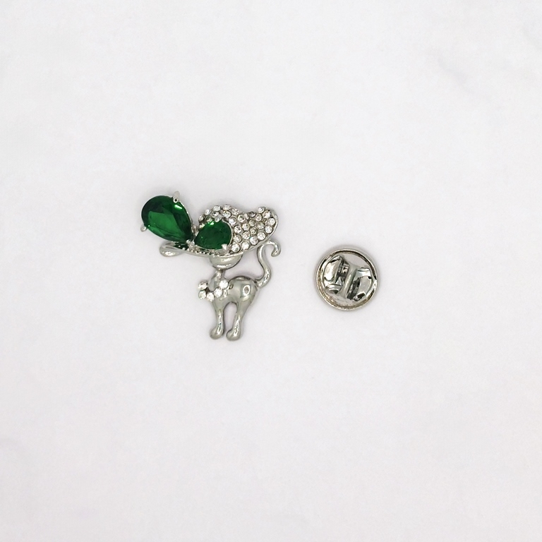 JEWELRY - BROOCH PIN - ZIRCON - CAT В138 - 2.3x2.6cm NICKEL AND GREEN - PACKAGE 3pcs.