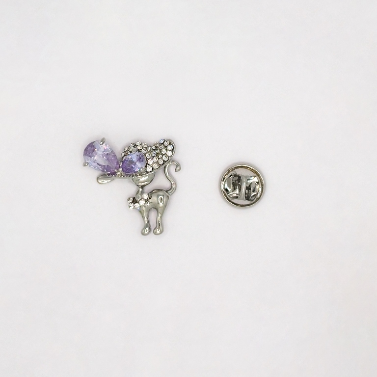 JEWELRY - BROOCH PIN - ZIRCON - CAT В138 - 2.3x2.6cm NICKEL AND PURPLE (LIGHT) - 1pc.