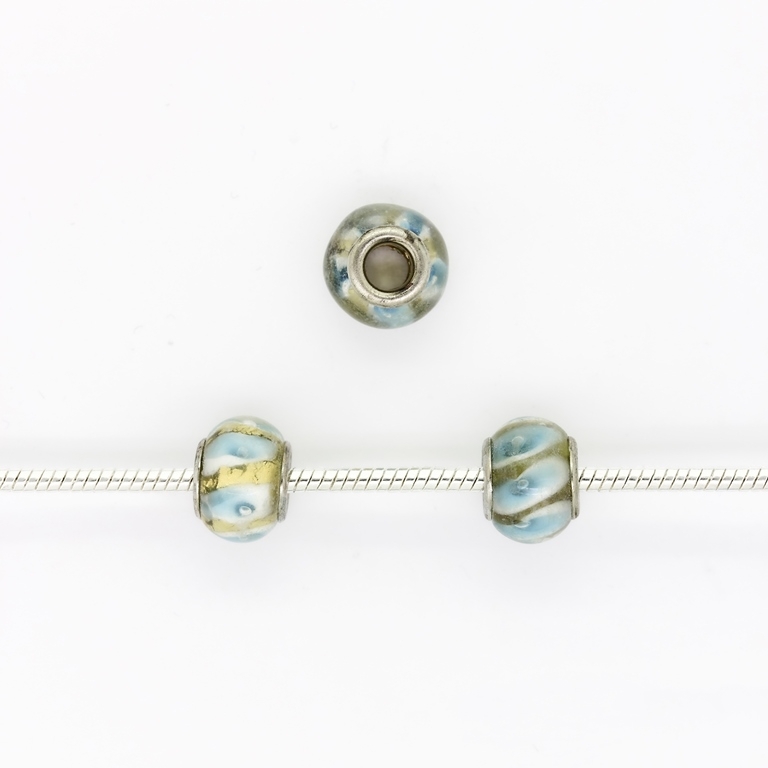 PANDORA TYPE BEADS - GLASS - CIRCLE - 14x10mm WHITE-BLUE-GOLD 03 - 5pcs. Hole-5.0mm