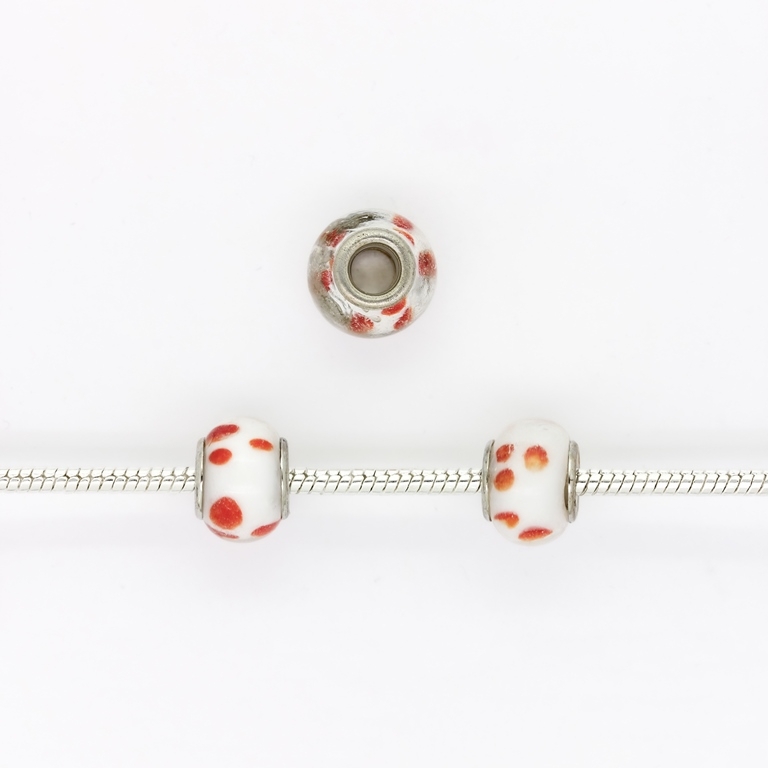 PANDORA TYPE BEADS - GLASS - CIRCLE - 14x10mm WHITE-RED (LIGHT)-ORANGE 12 - 5pcs. Hole-5.0mm