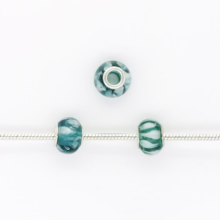 PANDORA TYPE BEADS - GLASS - CIRCLE - 14x10mm TURQUOISE-WHITE 22 - 5pcs. Hole-5.0mm