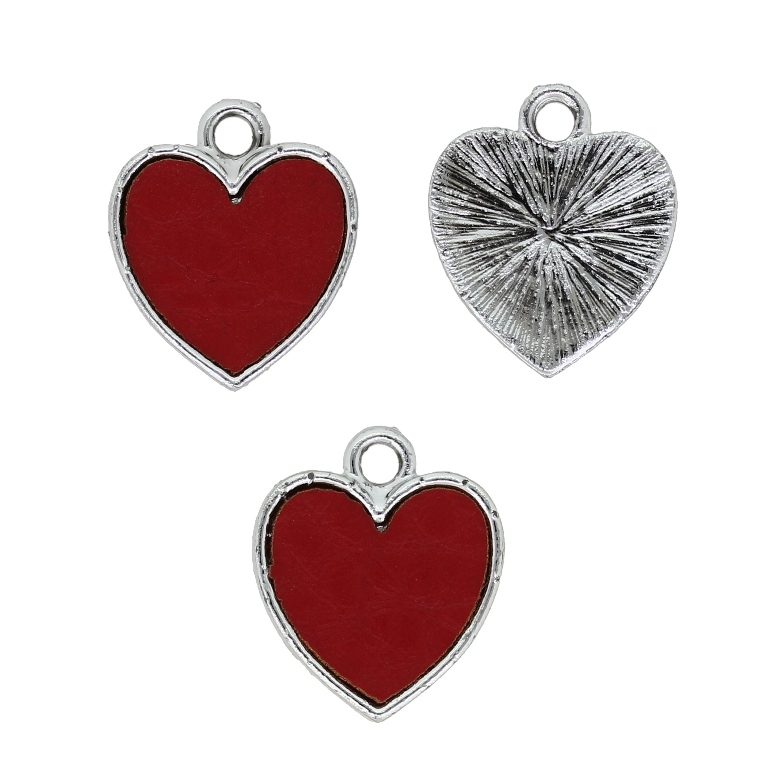 METAL BEADS - PENDANT - HEART 06 WITH ECO LEATHER - 20x17x2mm NICKEL AND RED - PACKAGE 40pcs. Hole-2.5mm