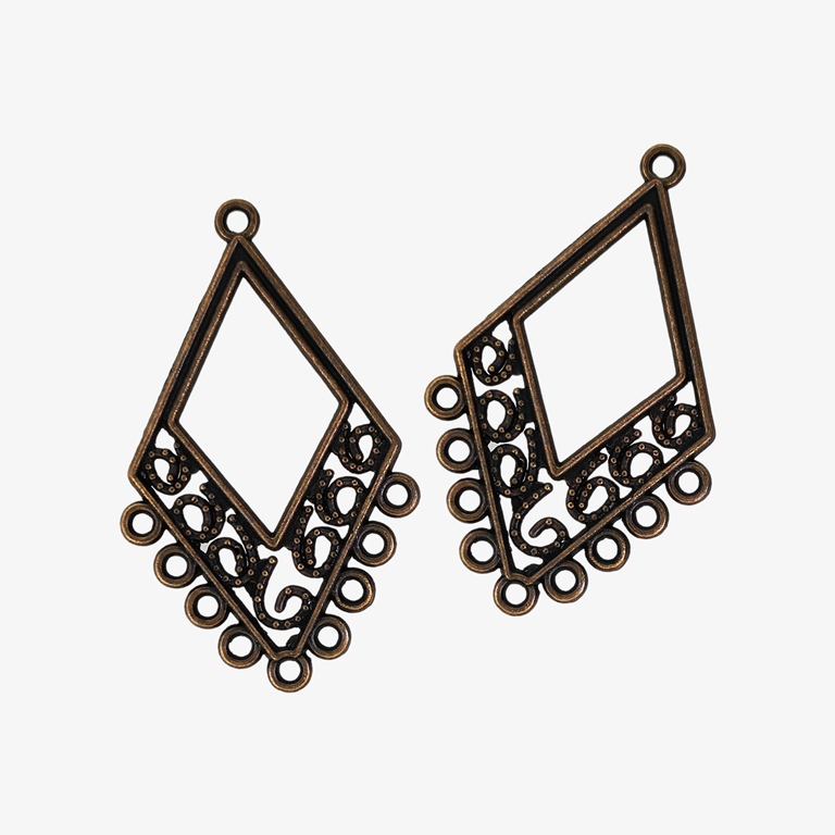 METAL ELEMENTS - CHANDELIER EARRINGS - DIAMOND WITH MULTI CONNECTOR - 25x41x1.3mm ANTIQUE BRASS - PACKAGE 50pcs. Hole-1.8mm