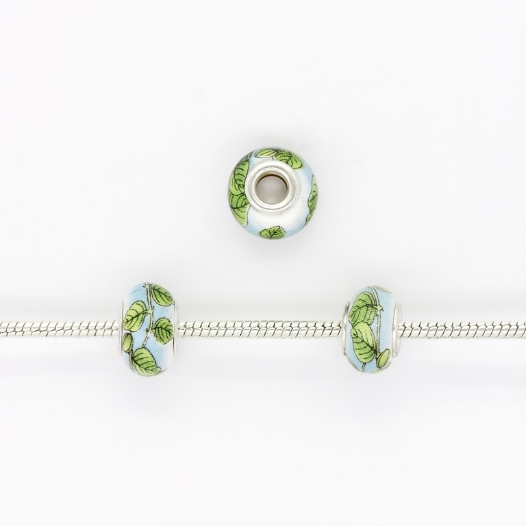 PANDORA TYPE BEADS - CERAMIC - CIRCLE - LEAVES 01 - 15x9mm WHITE-BLUE-GREEN (LIGHT)-BLACK 52 - PACKAGE 50pcs. Hole-5.0mm