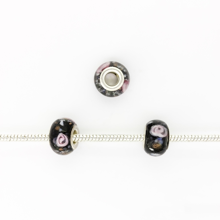 PANDORA TYPE BEADS - GLASS - CIRCLE - 14x9mm BLACK-PINK-WHITE-BROWN 54 - ПАКЕТ 50pcs. Hole-5.0mm