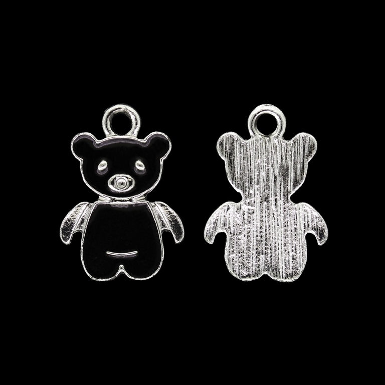 METAL BEADS WITH ENAMEL - UV - PENDANT - BEAR 05 - 16x23x2mm NICKEL AND BLACK - 2pcs. Hole-2.6mm