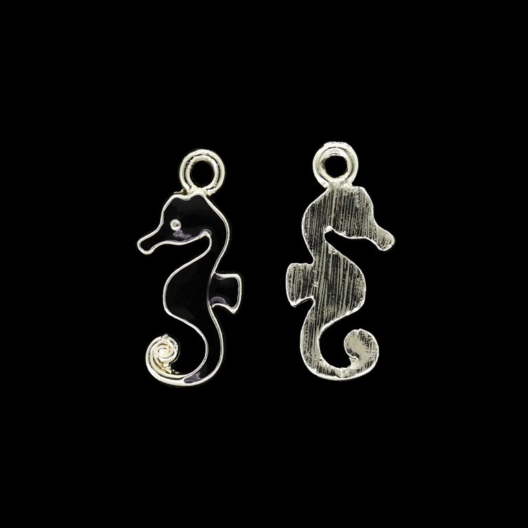 METAL BEADS WITH ENAMEL - UV - PENDANT - SEAHORSE 01 - 10x23x2mm GOLD AND BLACK - 4pcs. Hole-2.2mm