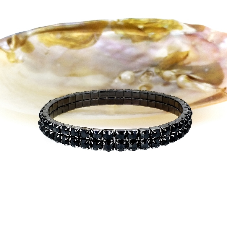 JEWELRY - ELASTIC BRACELET WITH CRYSTALS G120 - 2 ROWS - BLACK - 1pc.