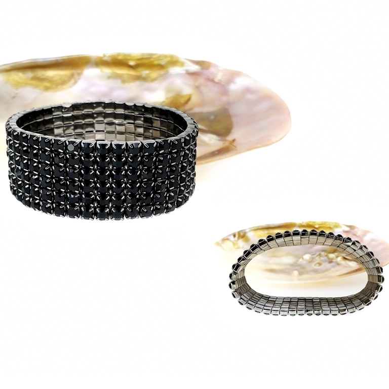 JEWELRY - ELASTIC BRACELET WITH CRYSTALS G120 - 6 ROWS - BLACK - PACKAGE 6pcs.